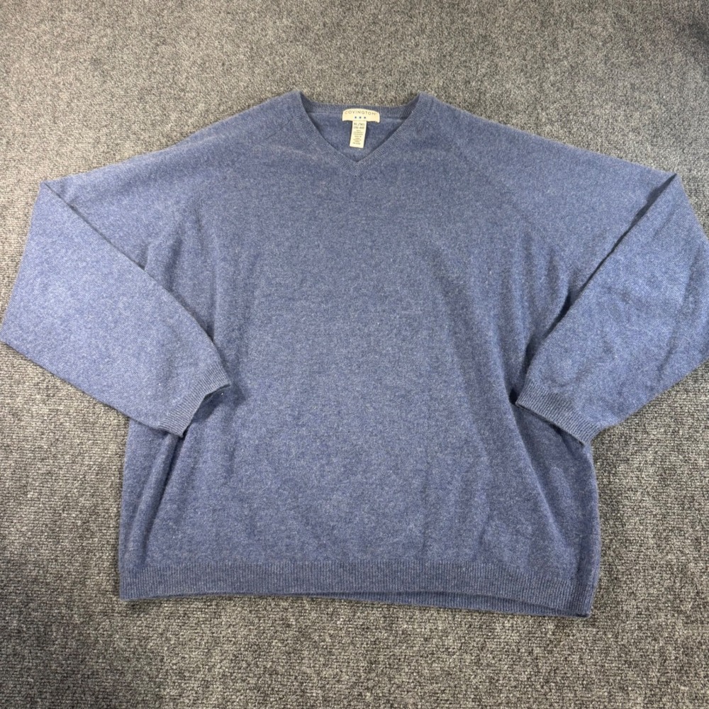 Covington Mens Blue 100% Cashmere V-Neck Raglan Sleeve Sweater XL 46-48 Heather